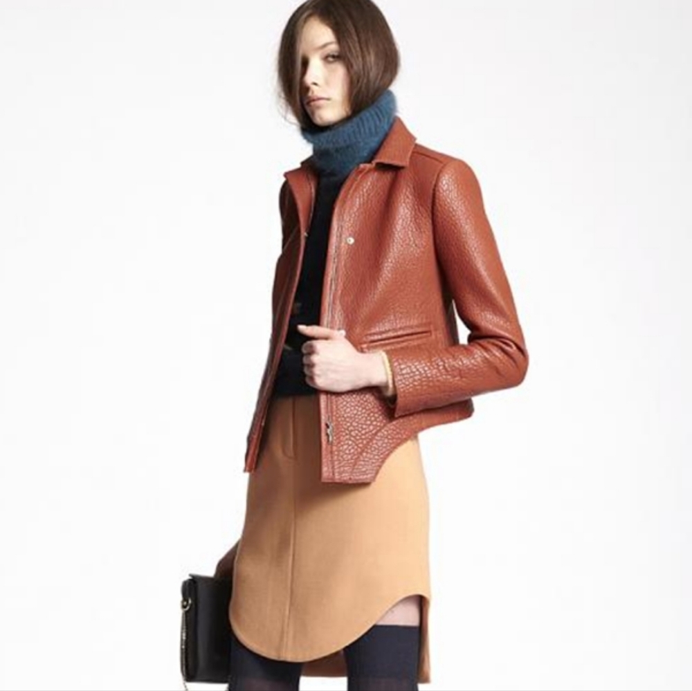 🌹 CARVEN - Structured LEATHER JACKET Tan Rust CURVED HEM